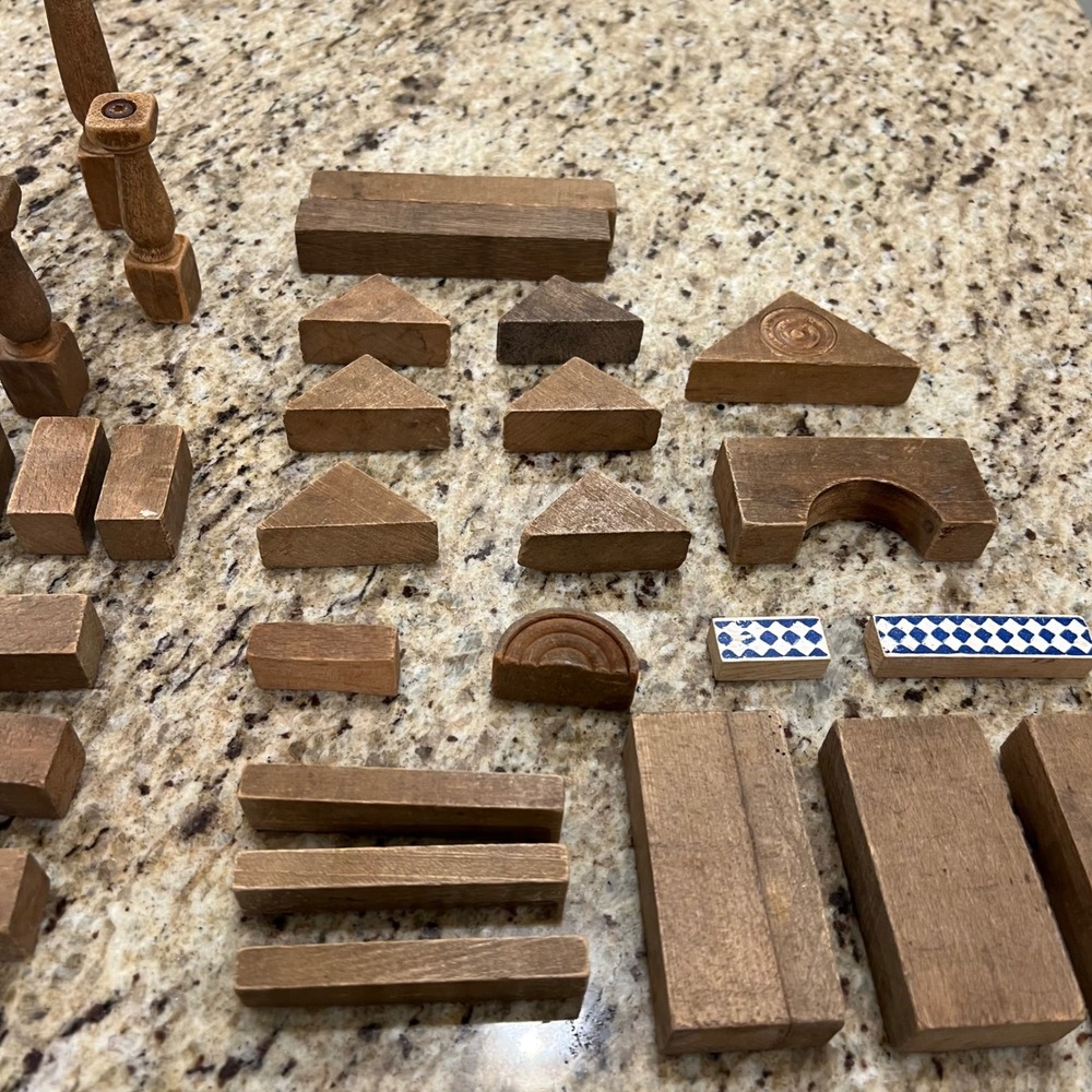 Vintage Wooden Building Blocks Set Mixed Shapes Pillars Arches Natural Wood Toy - Picture 3 of 6